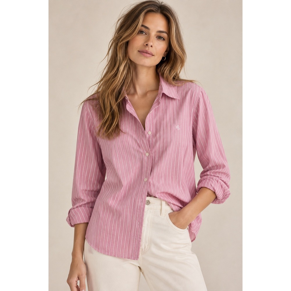 Lauren Ralph Lauren Logo Pink White Striped Non-Iron Cotton Button Down Shirt XL